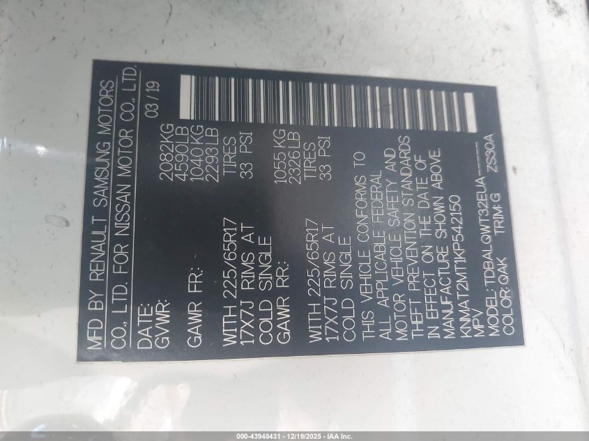 2019 Nissan Rogue Sv VIN: KNMAT2MT1KP542150 Lot: 43948431