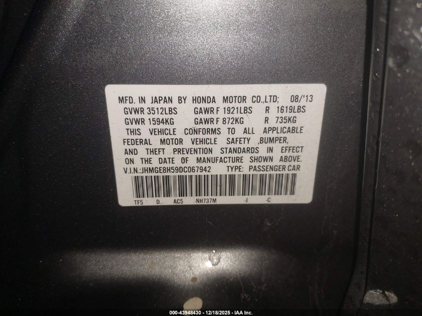 2013 Honda Fit Sport VIN: JHMGE8H59DC067942 Lot: 43948430