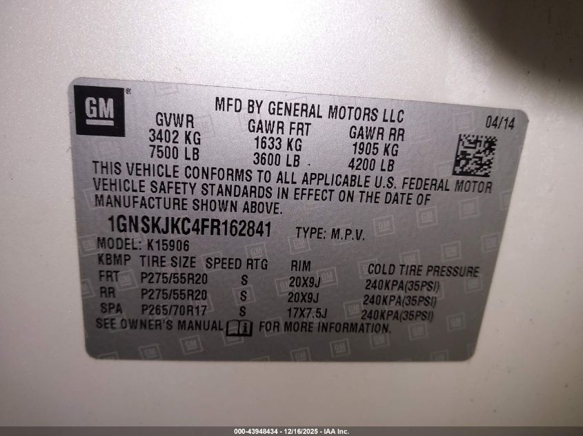 2015 Chevrolet Suburban 1500 Lt VIN: 1GNSKJKC4FR162841 Lot: 43948434