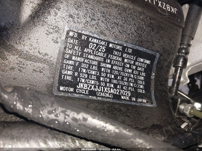 2025 Kawasaki Zx636 K VIN: JKBZXJJ1XSA027029 Lot: 43948435