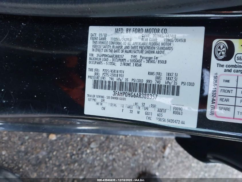 2010 Ford Fusion Se VIN: 3FAHP0HG6AR388357 Lot: 43948439