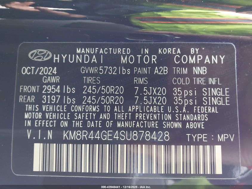 2025 Hyundai Palisade Sel Premium VIN: KM8R44GE4SU878428 Lot: 43948441