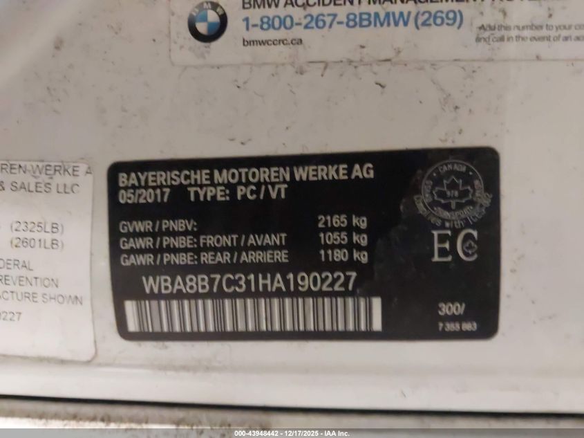 2017 BMW 340I xDrive VIN: WBA8B7C31HA190227 Lot: 43948442