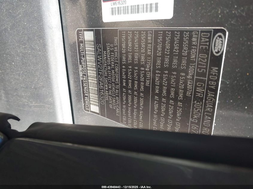 2015 Land Rover Range Rover Sport 5.0L V8 Supercharged Autobiography VIN: SALWV2TF2FA616320 Lot: 43948443