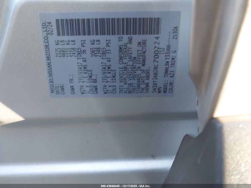 2024 Nissan Rogue S Intelligent Awd VIN: 5N1BT3AB2RC700224 Lot: 43948445