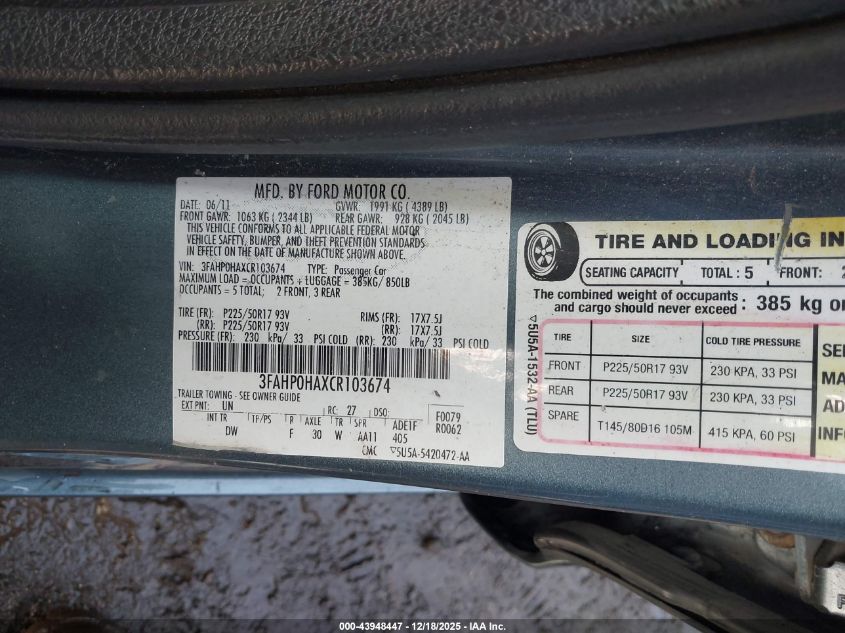 2012 Ford Fusion Se VIN: 3FAHP0HAXCR103674 Lot: 43948447