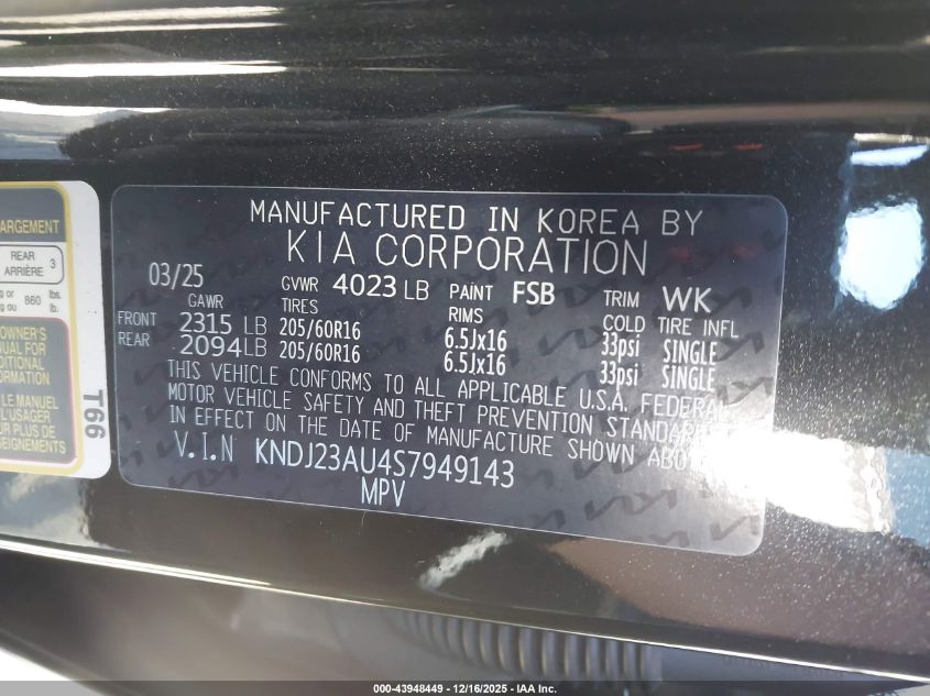 2025 Kia Soul Lx VIN: KNDJ23AU4S7949143 Lot: 43948449