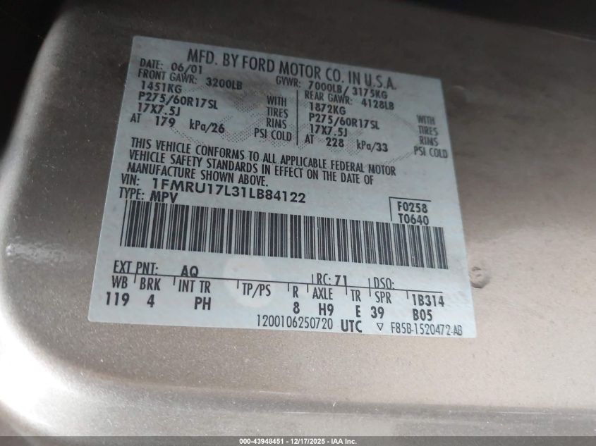 2001 Ford Expedition Eddie Bauer VIN: 1FMRU17L31LB84122 Lot: 43948451