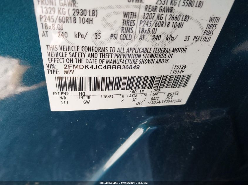 2011 Ford Edge Sel VIN: 2FMDK4JC4BBB36849 Lot: 43948452