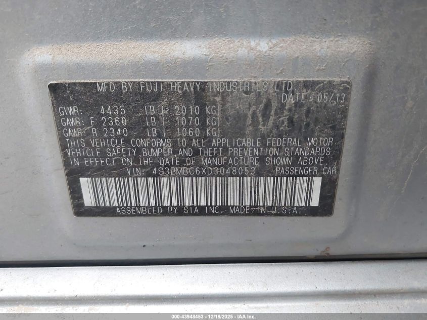 2013 Subaru Legacy 2.5I Premium VIN: 4S3BMBC6XD3048053 Lot: 43948453