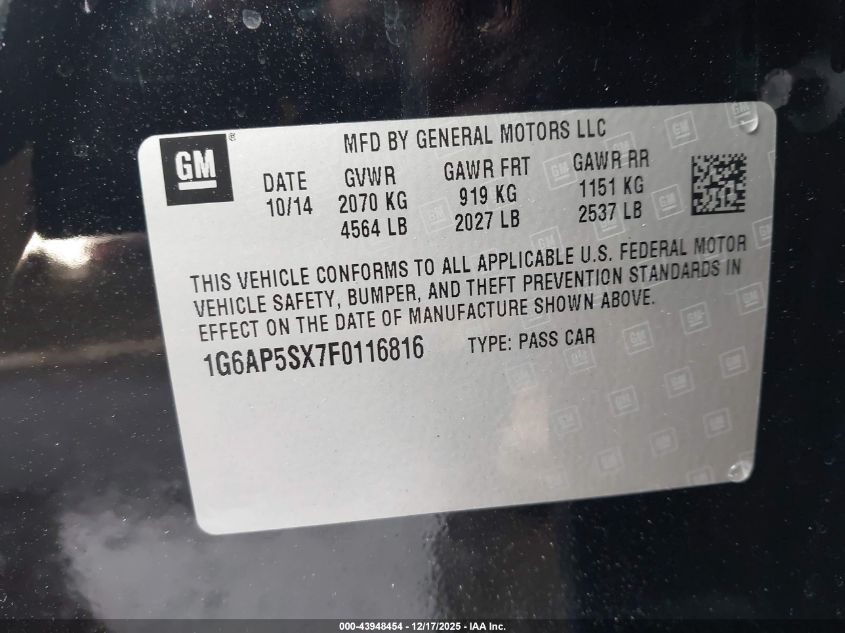 2015 Cadillac Cts Standard VIN: 1G6AP5SX7F0116816 Lot: 43948454