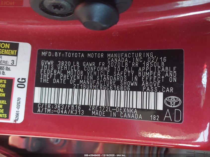 2016 Toyota Corolla Le VIN: 2T1BURHE8GC616806 Lot: 43948455