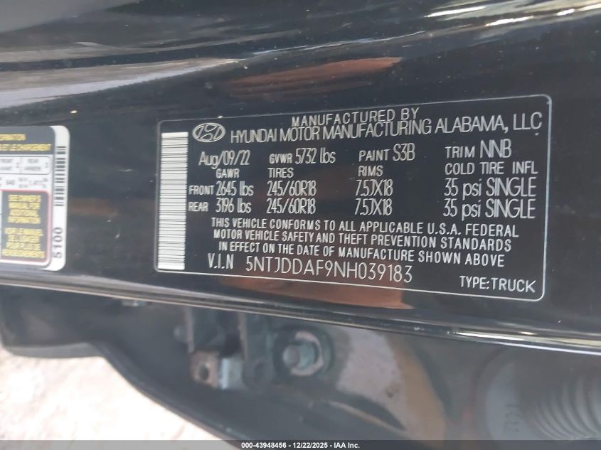 2022 Hyundai Santa Cruz Sel Premium VIN: 5NTJDDAF9NH039183 Lot: 43948456