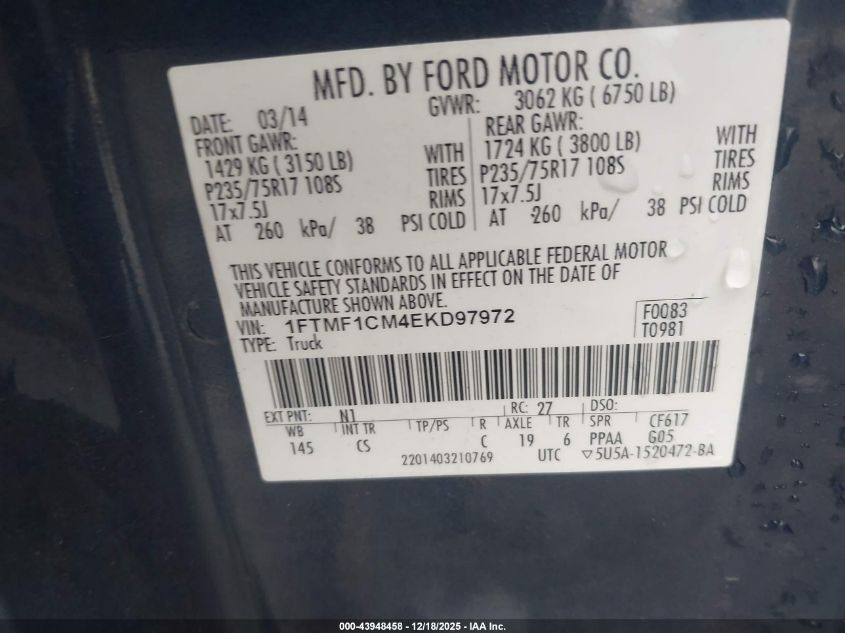 2014 Ford F-150 Xl VIN: 1FTMF1CM4EKD97972 Lot: 43948458