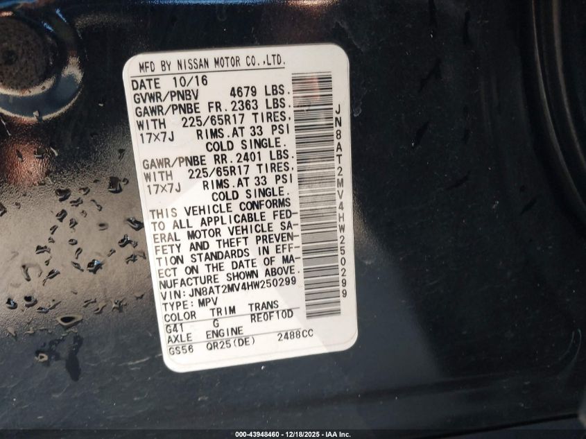 2017 Nissan Rogue Sv VIN: JN8AT2MV4HW250299 Lot: 43948460