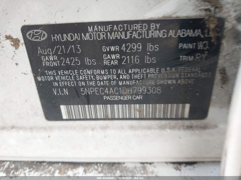 2013 Hyundai Sonata Se VIN: 5NPEC4AC1DH799308 Lot: 43948461