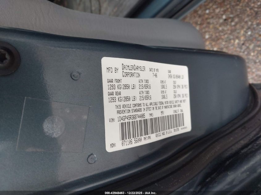 2006 Dodge Caravan Sxt VIN: 1D4GP45R36B744085 Lot: 43948463