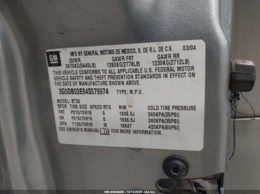 2004 Buick Rendezvous Cx VIN: 3G5DB03E84S579974 Lot: 43948465