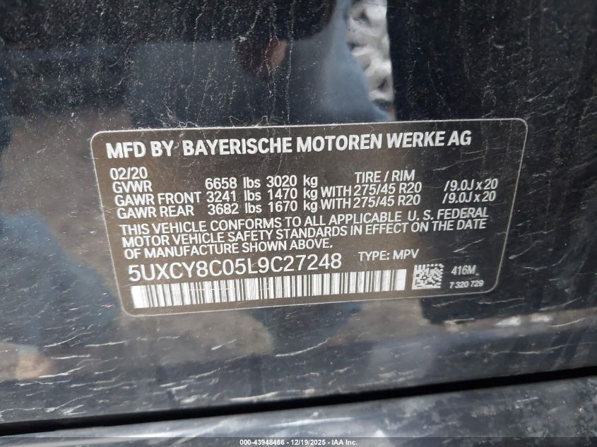 2020 BMW X6 M50I VIN: 5UXCY8C05L9C27248 Lot: 43948466