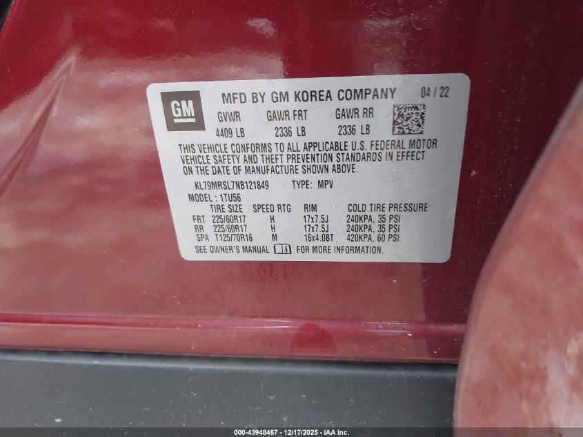 2022 Chevrolet Trailblazer Awd Lt VIN: KL79MRSL7NB121849 Lot: 43948467