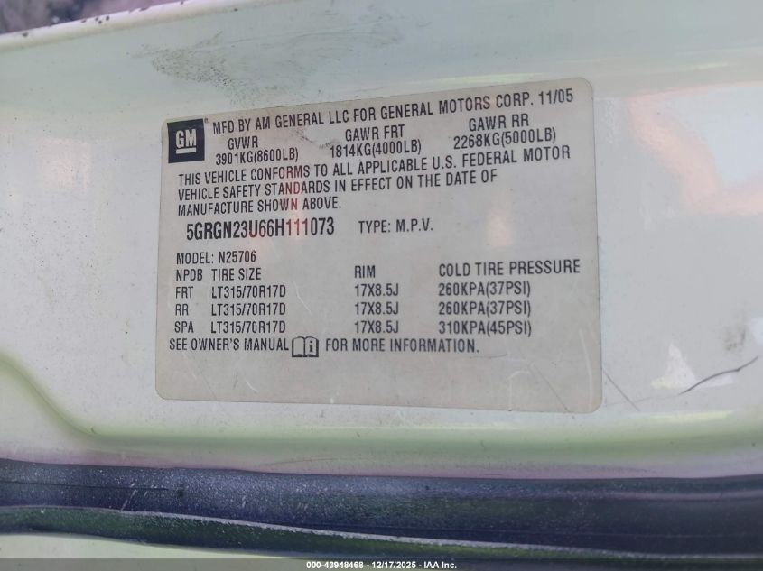 2006 Hummer H2 Suv VIN: 5GRGN23U66H111073 Lot: 43948468