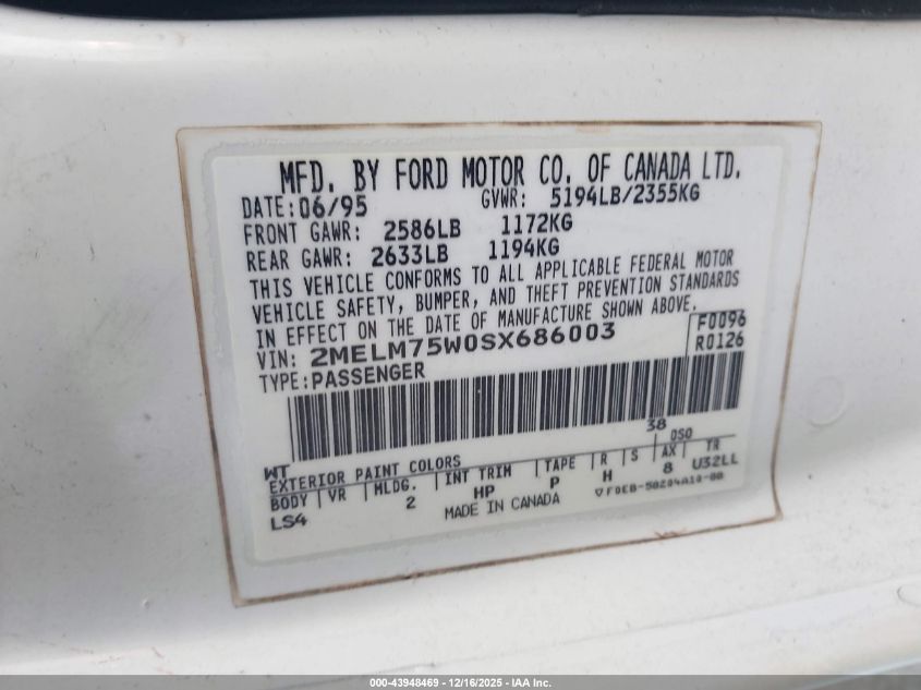 1995 Mercury Grand Marquis Ls VIN: 2MELM75W0SX686003 Lot: 43948469