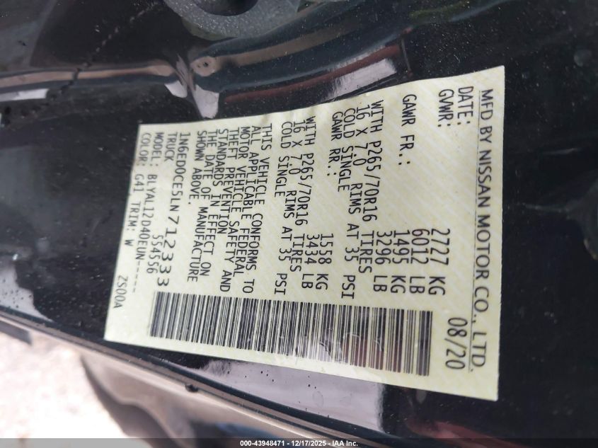 2020 Nissan Frontier King Cab S 4X2 VIN: 1N6ED0CE5LN712333 Lot: 43948471