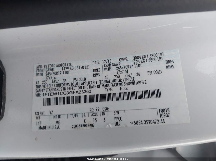 2016 Ford F-150 Xlt VIN: 1FTEW1CG3GFA23363 Lot: 43948476
