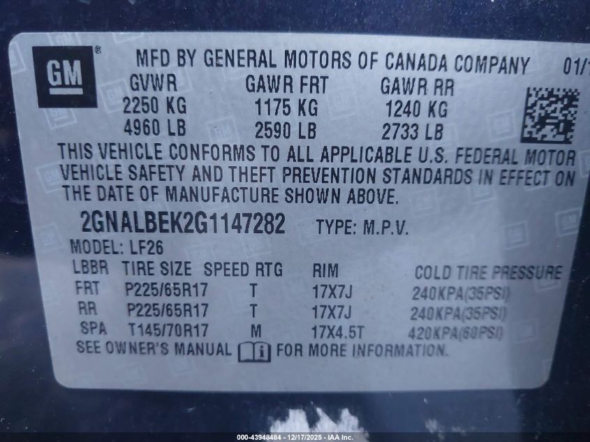 2016 Chevrolet Equinox Ls VIN: 2GNALBEK2G1147282 Lot: 43948484