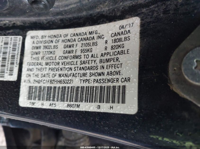 2017 Honda Civic Ex-L VIN: 2HGFC1F82HH650221 Lot: 43948485