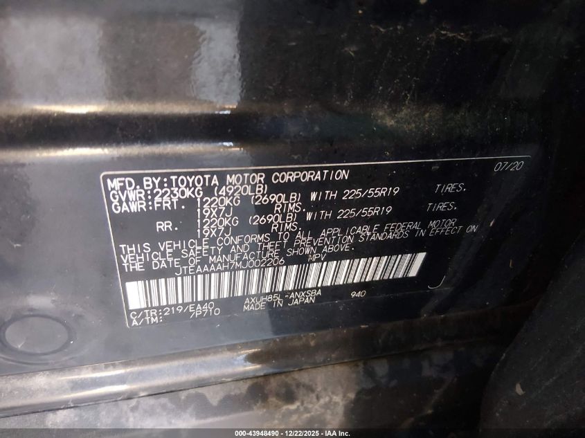 2021 Toyota Venza Limited VIN: JTEAAAAH7MJ002206 Lot: 43948490