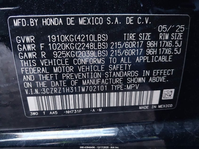 2026 Honda Hr-V 2Wd Lx VIN: 3CZRZ1H31TM702101 Lot: 43948496