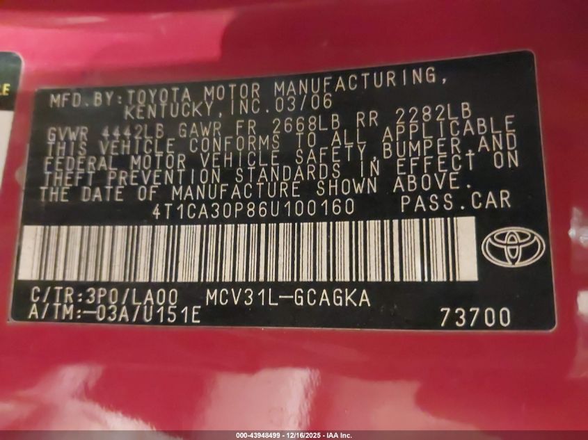 2006 Toyota Camry Solara Sle V6 VIN: 4T1CA30P86U100160 Lot: 43948499