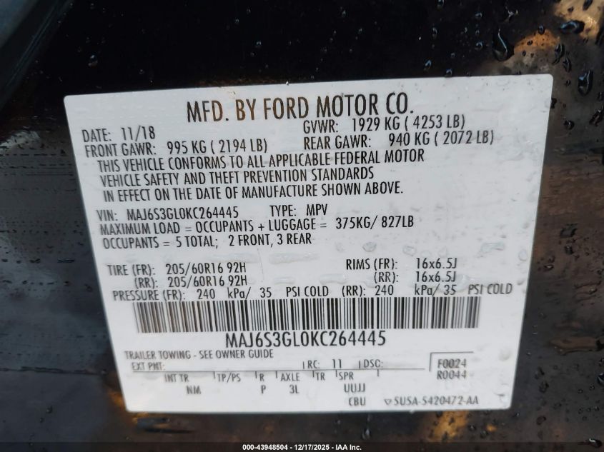 2019 Ford Ecosport Se VIN: MAJ6S3GL0KC264445 Lot: 43948504