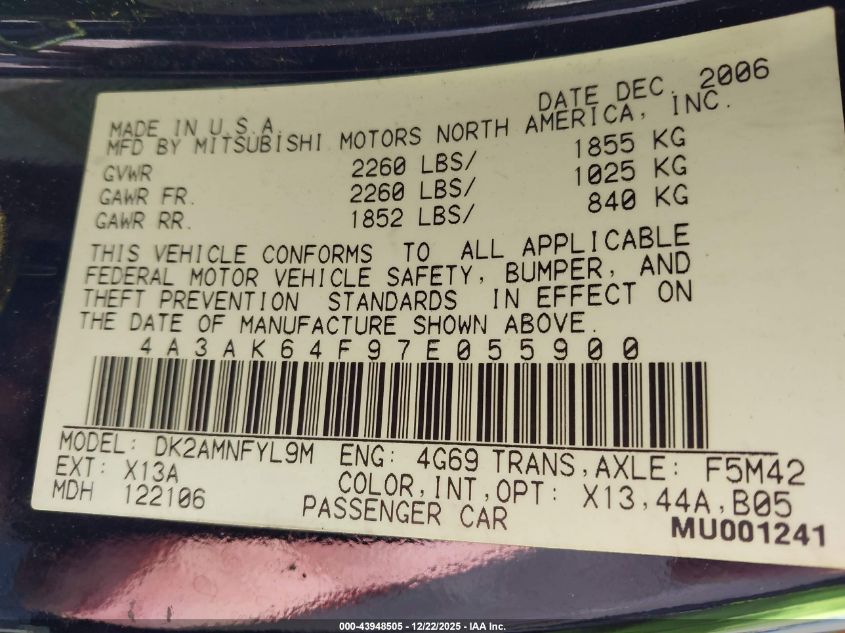 2007 Mitsubishi Eclipse Es VIN: 4A3AK64F97E055990 Lot: 43948505