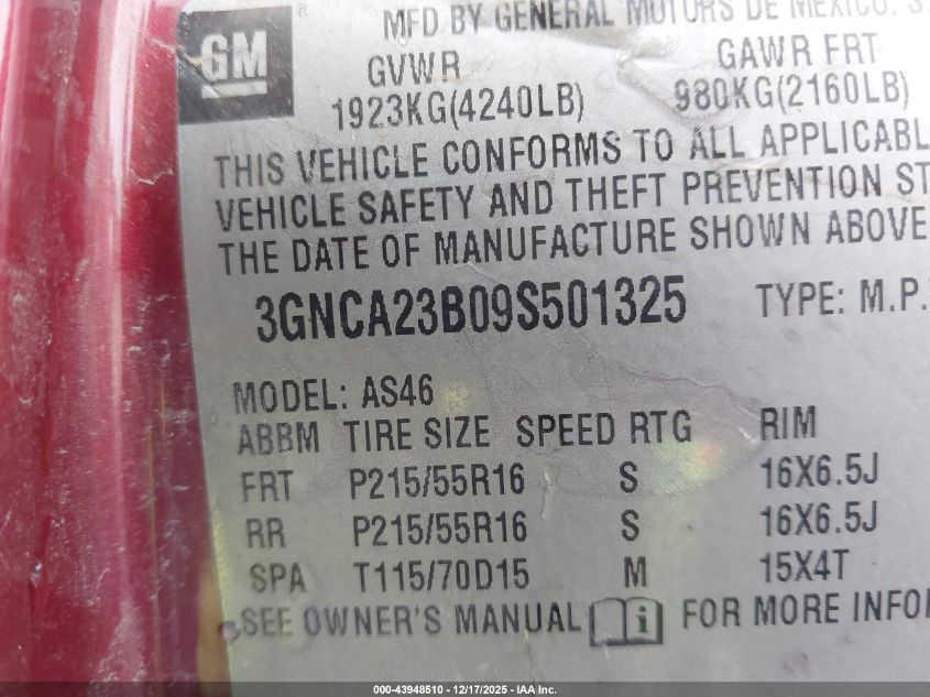 2009 Chevrolet Hhr Lt VIN: 3GNCA23B09S501325 Lot: 43948510