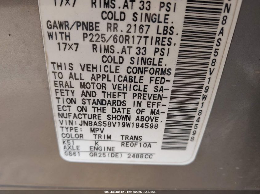 2009 Nissan Rogue Sl VIN: JN8AS58V19W184598 Lot: 43948512