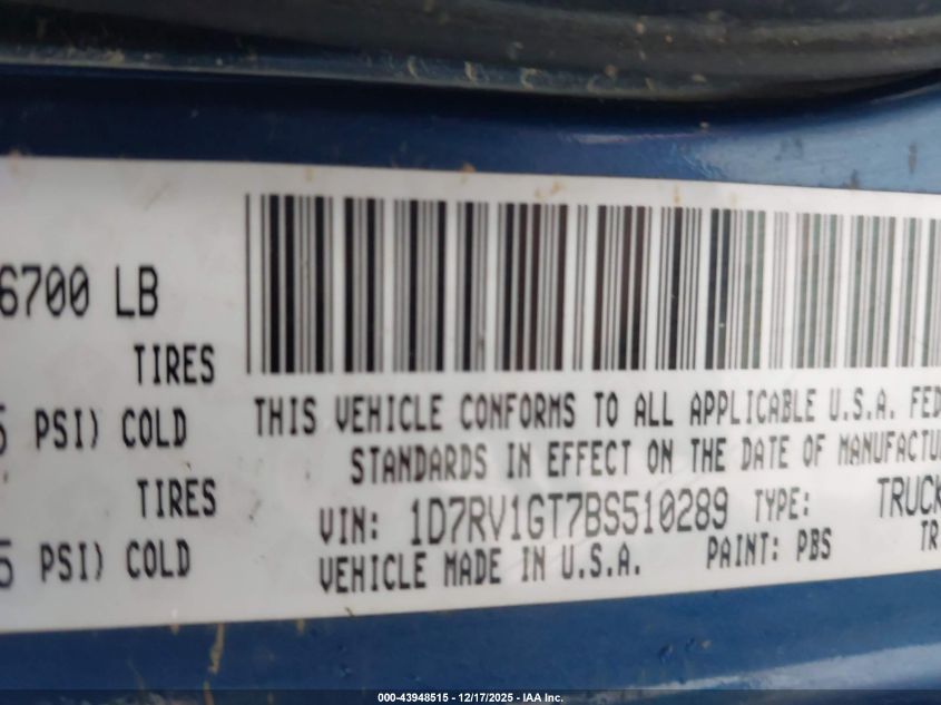 2011 Ram Ram 1500 Sport VIN: 1D7RV1GT7BS510289 Lot: 43948515