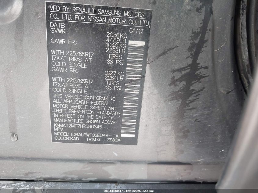 2017 Nissan Rogue S VIN: KNMAT2MT7HP580345 Lot: 43948517