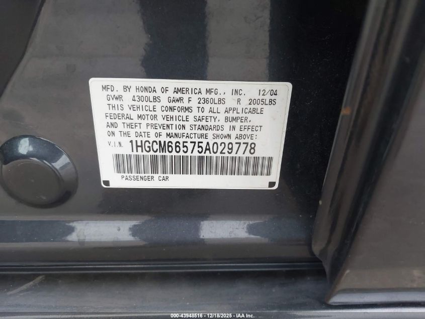 2005 Honda Accord 3.0 Ex VIN: 1HGCM66575A029778 Lot: 43948516