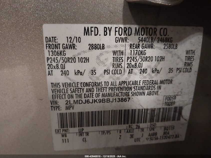 2011 Lincoln Mkx VIN: 2LMDJ6JK9BBJ13867 Lot: 43948518