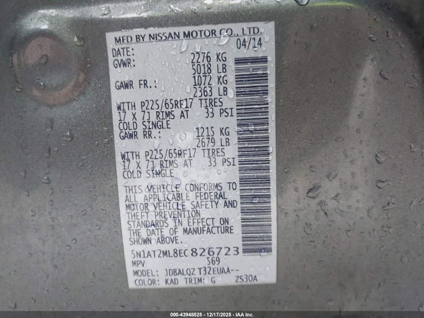 2014 Nissan Rogue Sv VIN: 5N1AT2ML8EC826723 Lot: 43948525