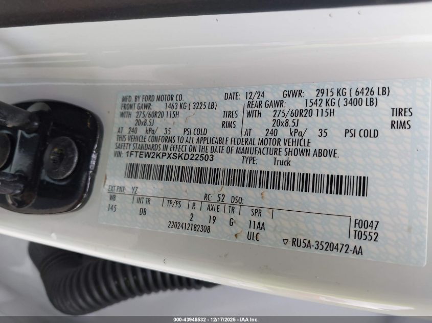 2025 Ford F-150 Stx VIN: 1FTEW2KPXSKD22503 Lot: 43948532