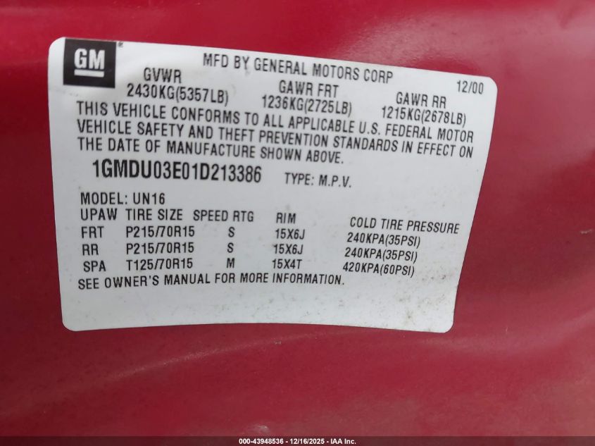 2001 Pontiac Montana N16 W/1Sa Pkg. VIN: 1GMDU03E01D213386 Lot: 43948536