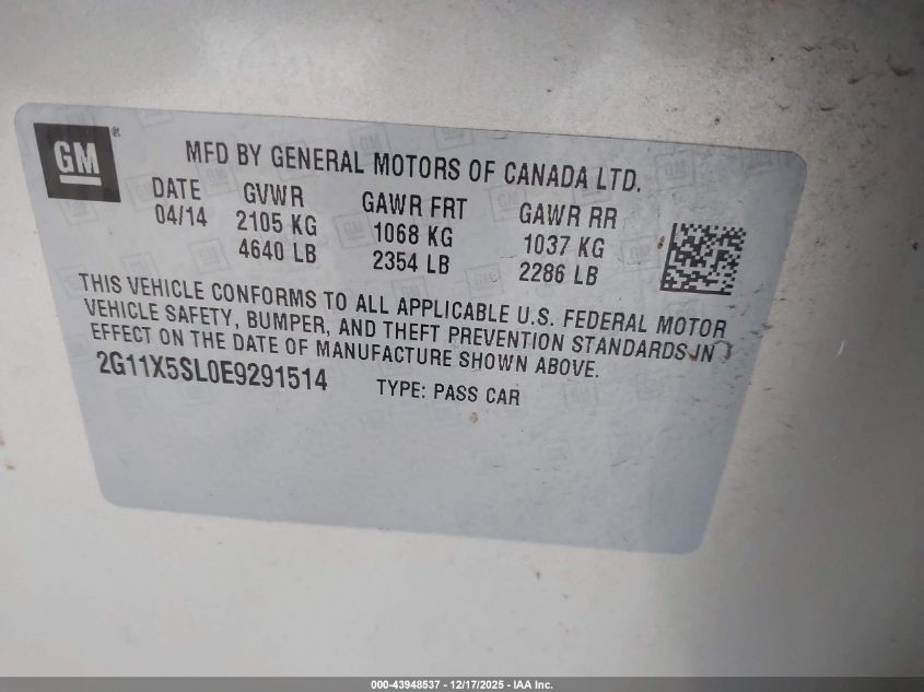 2014 Chevrolet Impala 1Fl VIN: 2G11X5SL0E9291514 Lot: 43948537