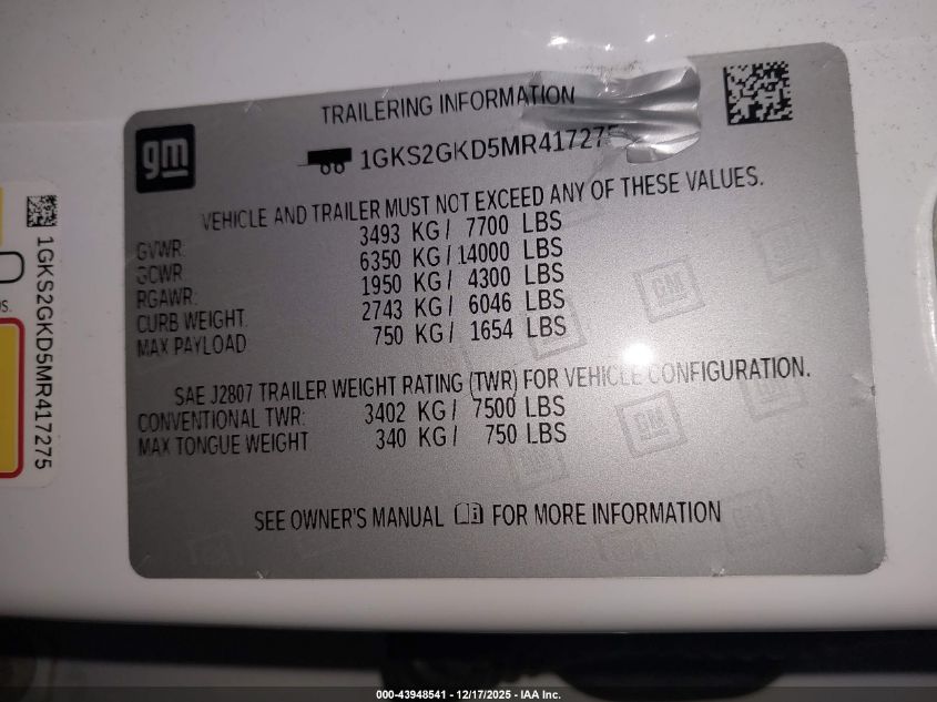 2021 GMC Yukon Xl 4Wd Slt VIN: 1GKS2GKD5MR417275 Lot: 43948541