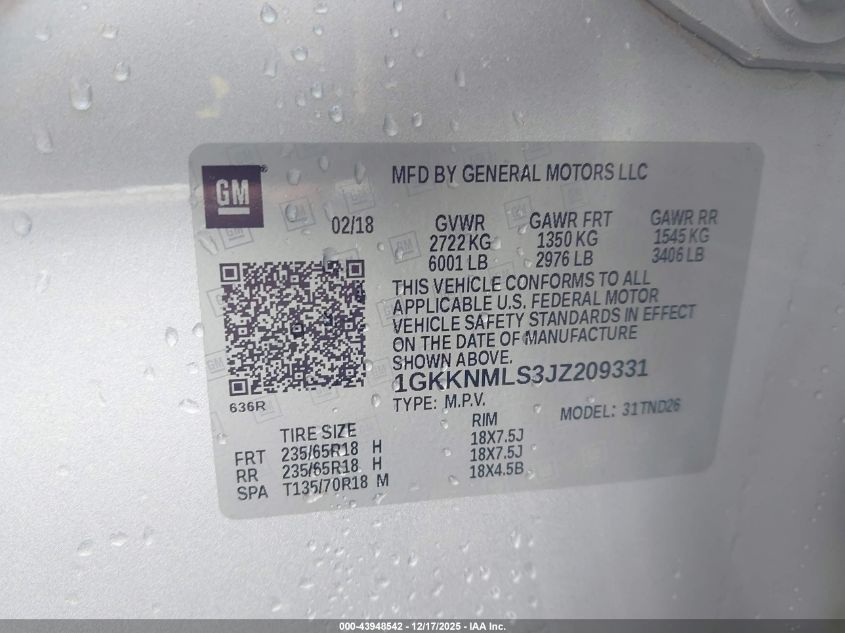 2018 GMC Acadia Slt-1 VIN: 1GKKNMLS3JZ209331 Lot: 43948542