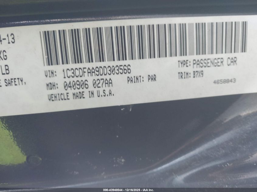 2013 Dodge Dart Se VIN: 1C3CDFAA9DD303566 Lot: 43948544