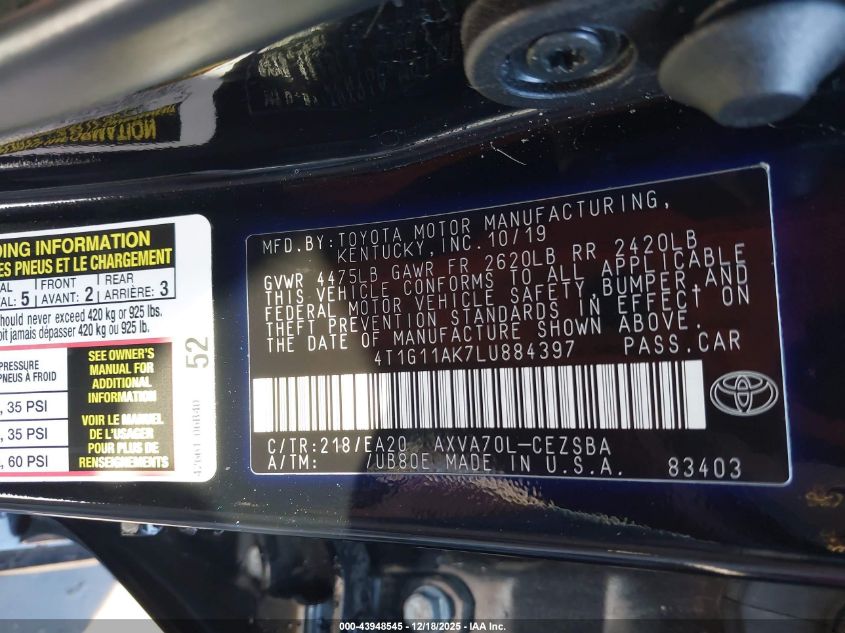 2020 Toyota Camry Se VIN: 4T1G11AK7LU884397 Lot: 43948545
