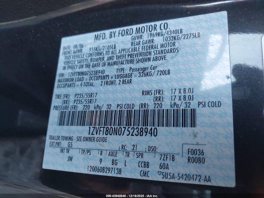 2007 Ford Mustang V6 Deluxe/V6 Premium VIN: 1ZVFT80N075238940 Lot: 43948546